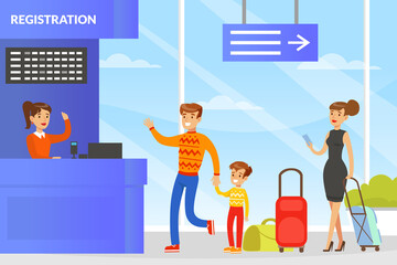 People Standing in Flight Registration Line at Airport Check Counter, People with Luggage Passing Passport Control and Waiting Boarding Vector Illustration