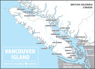 Vancouver Island Map with Greater Vancouver, British Columbia, Canada and parts of Washington State, United States. Touristic map with key places and cities as text. Shapes are optimized.