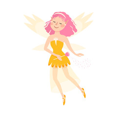 Cute Girl Fairy with Magic Wand, Lovely Winged Elf Princesses in Fancy Dress Cartoon Style Vector Illustration