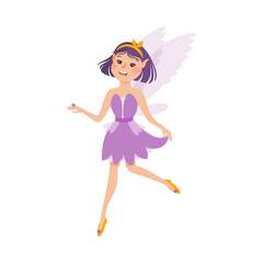 Cute Girl Fairy with Wings, Lovely Winged Elf Princesses in Purple Dress Cartoon Style Vector Illustration