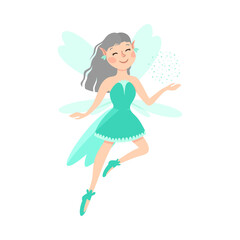 Obraz na płótnie Canvas Cute Girl Fairy with Wings, Lovely Winged Elf Princesses in Green Dress Cartoon Style Vector Illustration