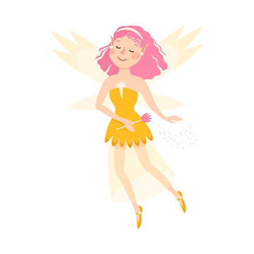 Cute Girl Fairy with Magic Wand, Lovely Winged Elf Princesses in Fancy Dress Cartoon Style Vector Illustration