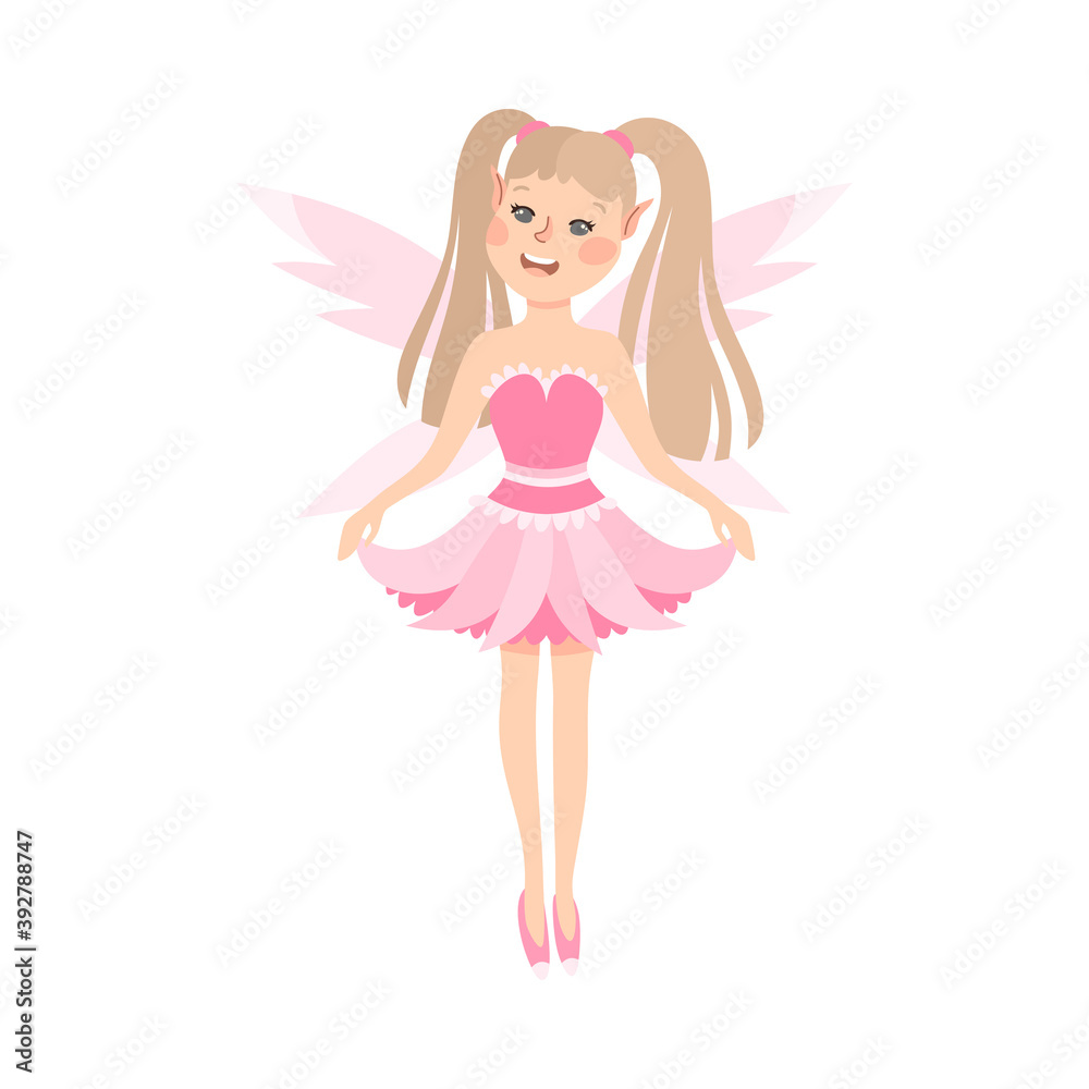 Wall mural Cute Blonde Girl Fairy with Wings, Lovely Winged Elf Princesses in Pink Dress Cartoon Style Vector Illustration