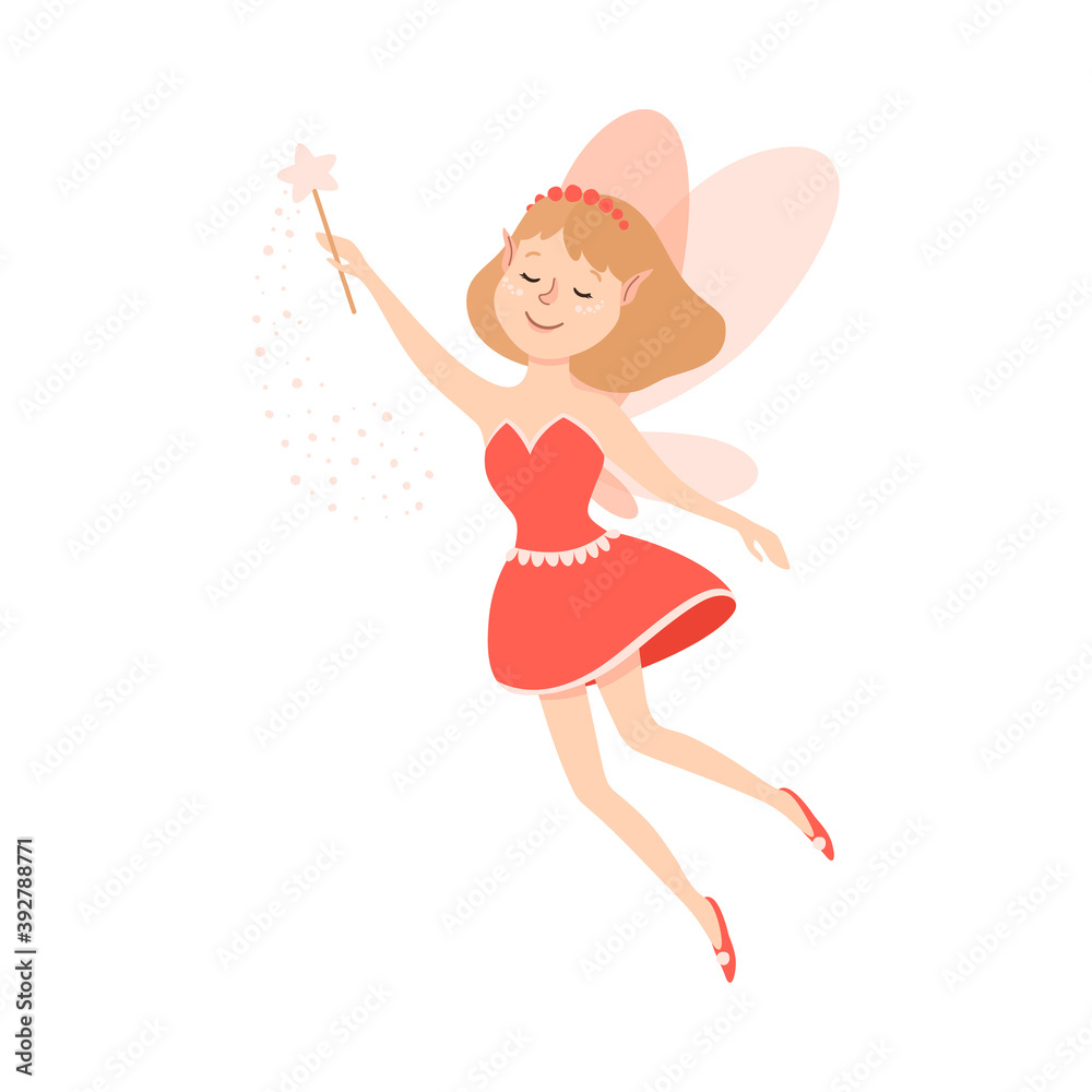 Poster cute girl fairy with magic wand, lovely flying winged elf princesses in red dress cartoon style vect