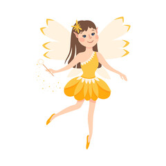 Fototapeta na wymiar Cute Girl Fairy with Magic Wand, Lovely Flying Winged Elf Princesses in Pretty Dress Cartoon Style Vector Illustration