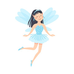 Fototapeta na wymiar Cute Brunette Girl Fairy with Wings, Lovely Winged Elf Princesses in Light Blue Dress Cartoon Style Vector Illustration