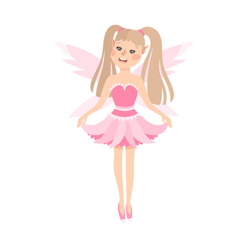 Cute Blonde Girl Fairy with Wings, Lovely Winged Elf Princesses in Pink Dress Cartoon Style Vector Illustration