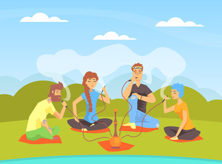 Obraz na płótnie Canvas Young People Smoking Hookah while Sitting on Summer Natural Landscape Cartoon Vector Illustration