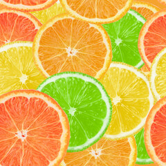 Seamless pattern, slices of orange, lemon, grapefruit close-up.