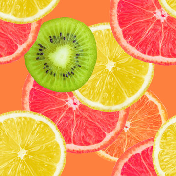 Seamless pattern, slices of orange, lemon, kiwi, grapefruit close-up.