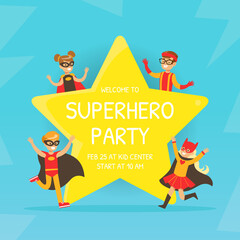Welcome to Superhero Party Invitation, Happy Birthday Card with Happy Kids Having Fun in Superhero Costumes, Kids Party Flyer Template Cartoon Vector Illustration