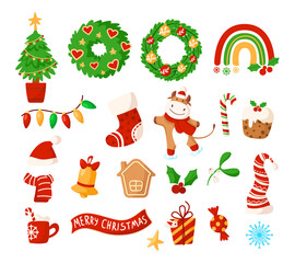 Christmas or New Year kids clipart - Christmas tree, cute cow or white ox, wreath, bell, candy cane, cake, stocking, gingerbread house, decorations, festive rainbow, mistletoe - vector isolated images