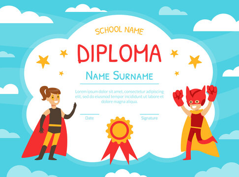 Superhero Award Diploma Template, Preschool, Kindergarten Children Certificate, Happy Boy and Girl Dressed in Superhero Costumes Cartoon Vector Illustration - Powered by Adobe