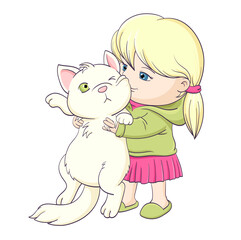 Little girl tightly hugs fat displeased cat