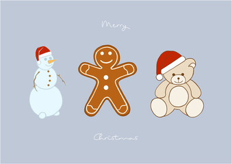 Vector Illustration of Merry Christmas Cute Cartoon Characters, Santa Claus, Gingerbread, Cookie Man, Snowman