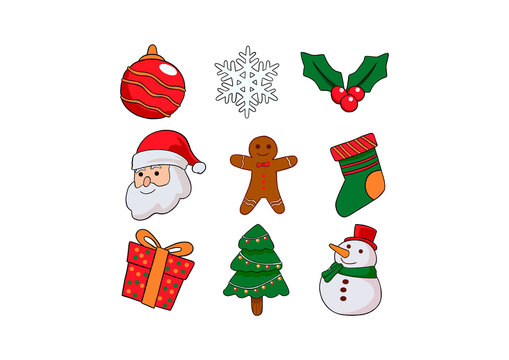 Vector Illustration of Merry Christmas Cute Cartoon Characters, Santa Claus, Reindeer, Gingerbread, Cookie Man, Snowman