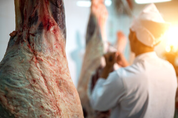 Behind the butchering process wagyu beef in the slaughterhouse