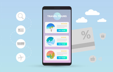 Online travel agency to sale tours. Mobile phone with open site or app with a list of summer vacation on the sea, ocean,  adventure tours to the mountains or holiday with surfing in tropical islands.