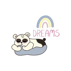 Vector color children's illustration, poster, print with cute panda on a cloud on a white background.