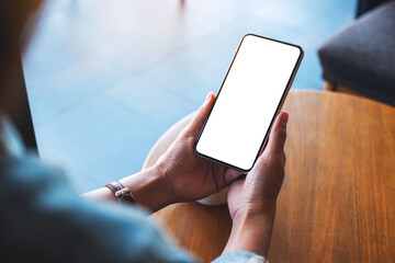 Mockup image of a woman holding mobile phone with blank white desktop screen