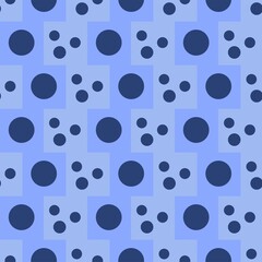Blue geometric pattern of small and large circles and squares. Dark blue circles on a light-blue chess background.