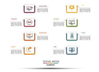 Infographic Social Media template. Icons in different colors. Include Like, Audience, Boosted Post, Feed and others.