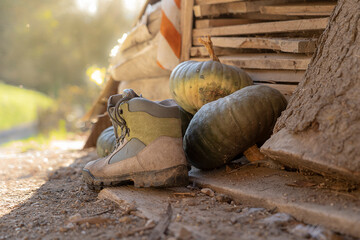 old boots in the entrance of the house. Put to dry after a day of trekking.