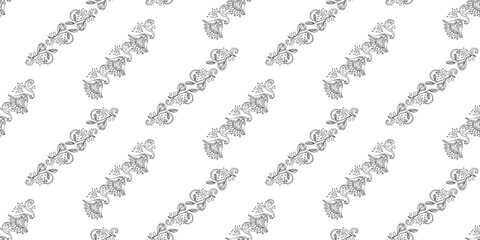 Stylish white  floral kalamkari ornament pattern on black background. Vector surface design for fabric, apparel textile, book, interior, wallpaper