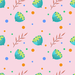 Seamless pattern with a lemon and a branch with leaves on a light pink background with circles. Unusual lemon in the cut. Vector illustration. The pattern for the tablecloth or napkins..