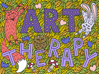 Art therapy illustration. Cover, banner, poster. Colorful drawing with animals and lettering. Vector illustration