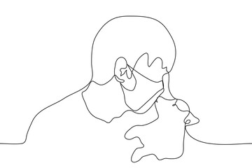 man in a mask kisses a puppy. one line drawing of a dog lover squeezing a small dog.