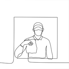 employee in uniform and a mask stands in the food dispensing window and holds out an order. one line drawing concept of servicing drive in