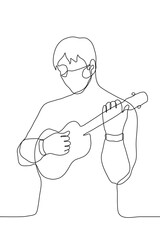 man in a mask stands and plays a small guitar. one line drawing of a musician holding a ukulele