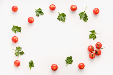cherry tomatoes on a white background, frame of vegetables