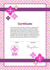 Vector certificate template. Japanese modern style. Beauty salon, yoga, spa, makeup diploma. Cherry flower and circles ornament.