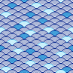 Traditional asian ornament with waves. Seamless pattern. Water texture. Nautical background. Vector illustration