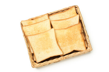 Basket with toast bread isolated on white background