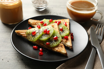 Concept of breakfast with sweet toast with fruits