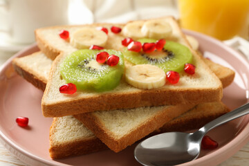 Concept of breakfast with sweet toast with fruits