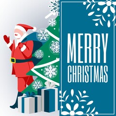 Happy Merry Christmas. Xmas and New Year holidays banner, background, festive poster with Santa Claus character delivering presents to children cartoon vector illustration