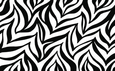 Zebra print, animal skin, tiger stripes, abstract pattern, line background. Amazing hand drawn vector illustration. Poster, banner. Black and white artwork, monochrome
