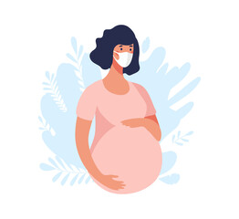Pregnant woman in a medical mask. Concept graphic about pregnancy and motherhood during the coronavirus epidemic. Flat vector illustration isolated on white background