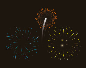 three set colors fireworks splash lights in sky night