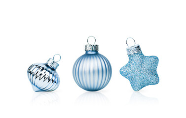light blue christmas decorations on isolated white background