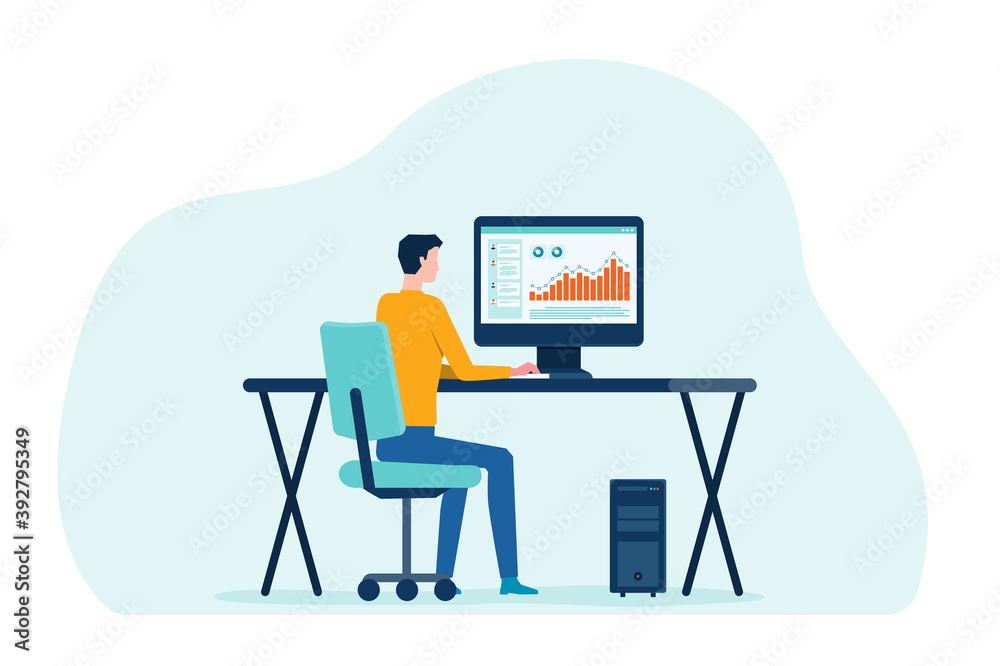 Aufkleber Businessman working on computer concept and business people analytics and monitoring investment and finance report graph on monitor concept