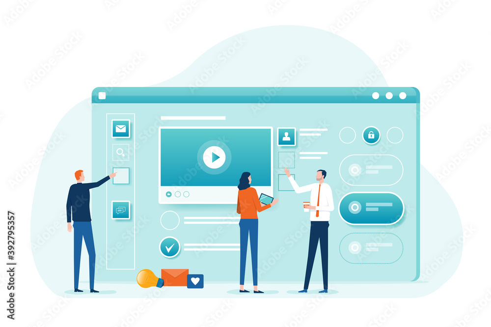 Poster web design and mobile application design process concept with designer and developer team collaboration working and business team meeting with flat vector cartoon character design