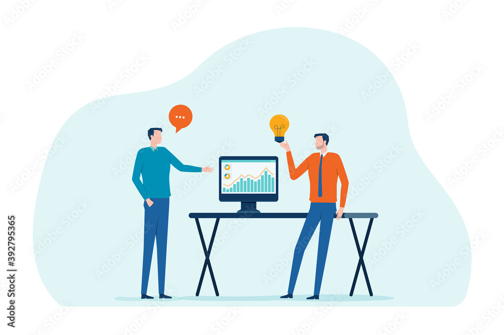 Poster flat illustration two businessman talking for business finance investment with monitor graph report 