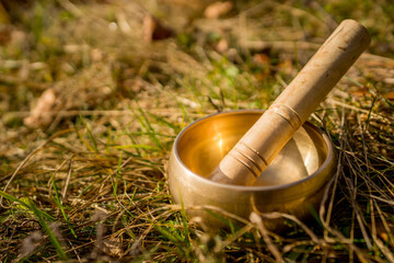 Tibetan golden bowl with a wooden stick in it placed on the natural grass background in the soft light of morning. Peaceful meditation music, stress relief, positive energy through healing sounds.