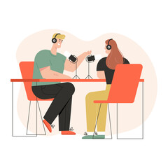 Radio host and guest are recording interview in studio