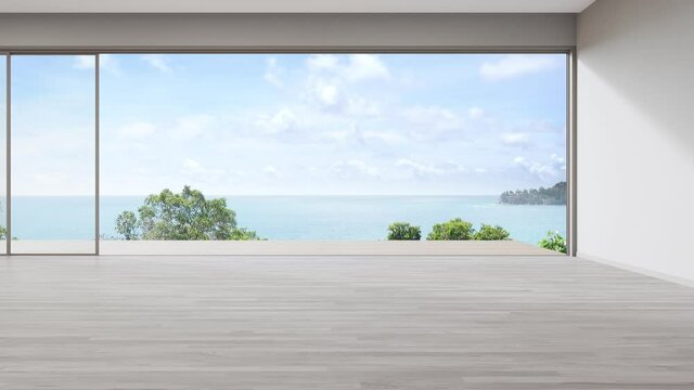 Blank wall on empty wooden floor of large living room in modern house or luxury villa. Minimal home interior 3d rendering with beach and sea view.